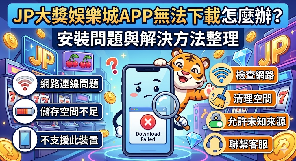 遇到 JP 大獎娛樂城 APP 無法下載或安裝失敗時，通常與行動裝置的安全性設定、網路環境或軟體版本衝突有關。首先應確認手機儲存空間是否充足，並檢查網路連線是否穩定，避免在下載過程中發生斷線導致檔案毀損。若為 Android 用戶，須進入設定開啟「允許安裝來源不明的應用程式」，才能順利執行 APK 檔案；iOS 用戶則可能需要進入設定中的「裝置管理」點選信任開發者憑證。此外，許多無法下載的情況源於官網載點更新或遭到電信商阻擋，建議玩家先清除瀏覽器快取，或嘗試切換不同網路環境下載最新版本。若上述方法仍無法解決，請務必尋求 24 小時官方客服獲取正確的安裝鏈接，切勿從不明第三方管道下載，以確保個人資安與帳戶財金的絕對安全，讓您能順利重返遊戲享受贏獎樂趣。