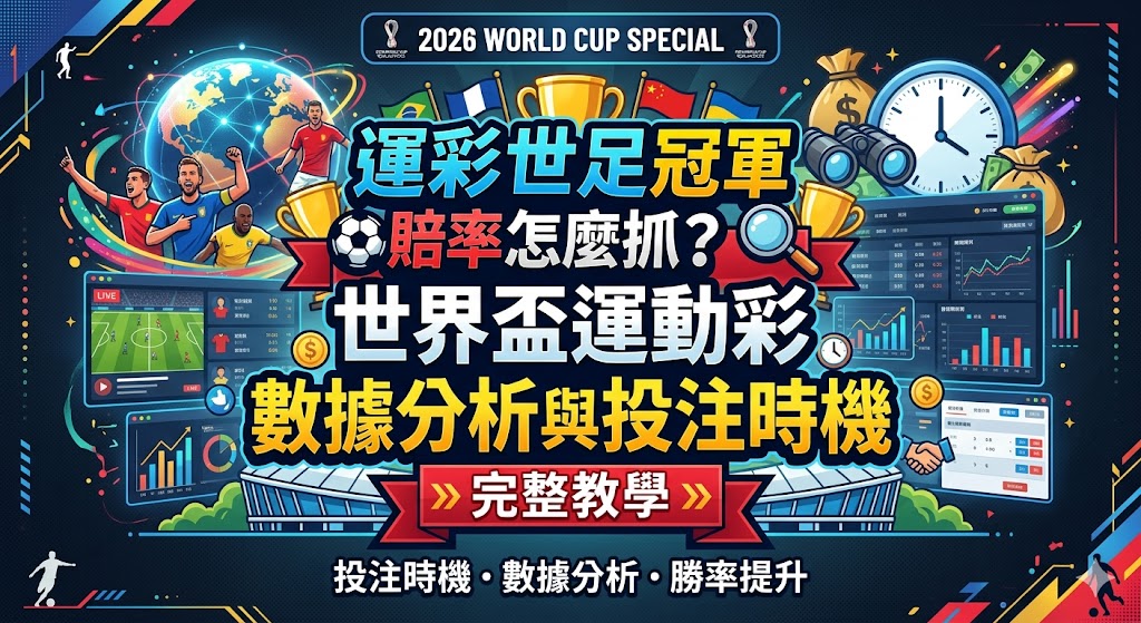 想知道運彩世足冠軍賠率怎麼抓？這篇數據分析與投注時機完整教學帶您精準掌握穩賺心法！由資深運彩專家親自操盤，深度拆解如何利用國際大數據模型，追蹤各國豪強的最新戰術陣型、明星球員傷兵名單與盤口水位變動規律，特別傳授如何敏銳捕捉小組賽到淘汰賽的最佳進場時間點。結合科學化的資金控管、冠軍盤長線避險對沖與高勝率的讓分、大小球實戰技巧，幫助您在四年一度的全球足球盛宴中精準洞察莊家陷阱、大幅提升贏錢勝率，不論您是新手還是老玩家，這篇必讀的2026世足奪冠預測全攻略都將是您引領資產翻倍的致富關鍵，現在就點擊查看搶佔發財先機！
