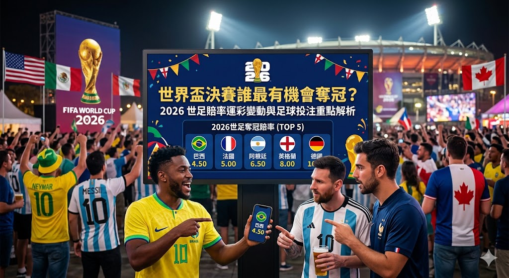 想知道世界盃決賽誰最有機會奪冠？這篇攻略帶您將2026世足賠率運彩變動與核心足球投注重點進行一次完整解析！由資深運彩專家親自坐鎮，深度拆解西班牙、法國、英格蘭及阿根廷等奪冠強權的最新國際盤口水位走勢，教您如何結合48隊全新擴軍賽制，精準洞察各國豪強的戰術防守漏洞、主力傷兵名單與明星球員的臨場狀態。本指南更不藏私公開讓分盤、大小球、獨贏及正確波膽的頂級下注策略，搭配科學化資金控管與高勝率滾球走地心法，幫助您在四年一度的全球足球盛宴中完美避開莊家陷阱、穩健提升中獎贏錢勝率，搶佔財富翻倍的發財先機！